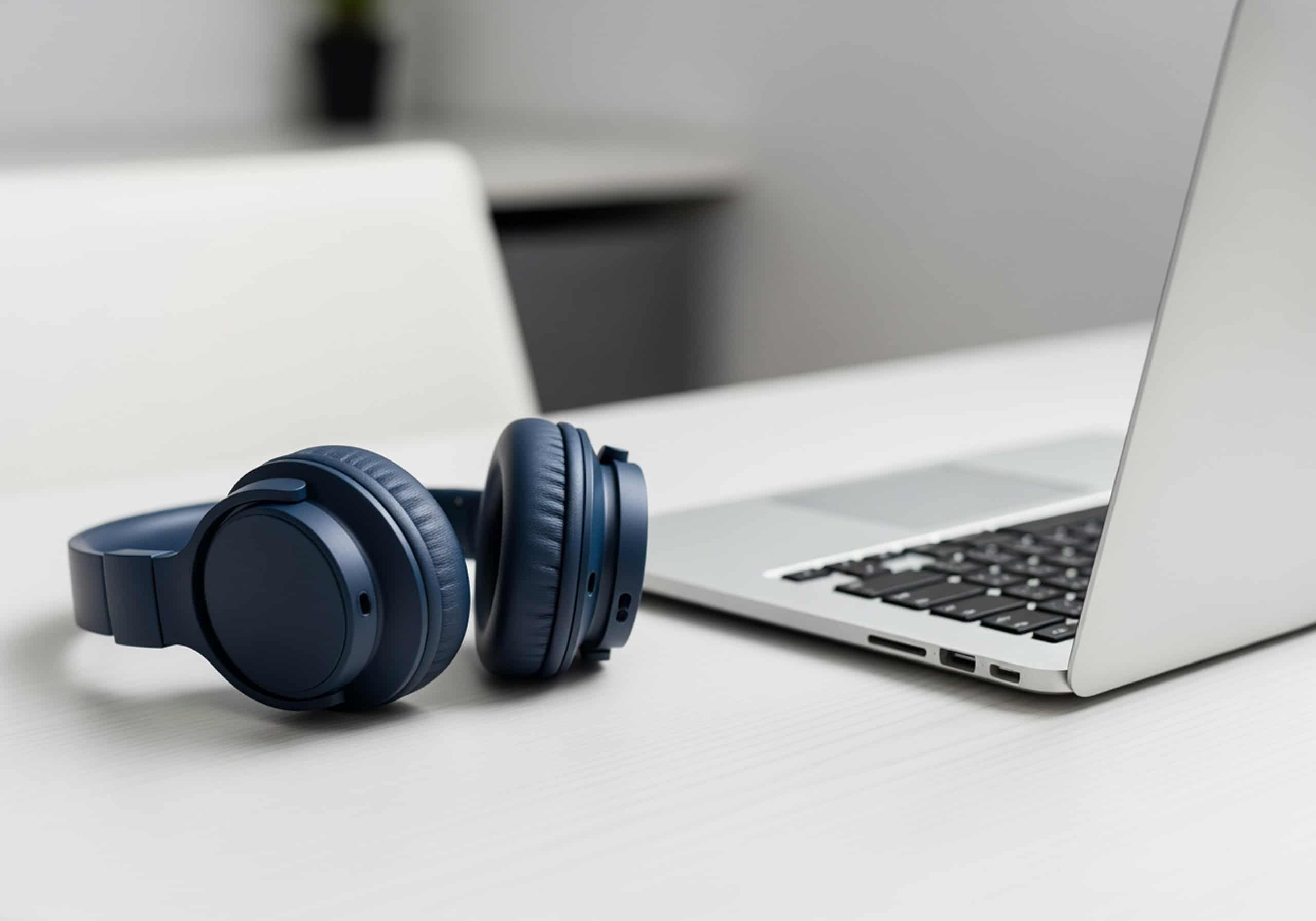 Słuchawki zamknięte na biurku podczas pracy przy laptopie