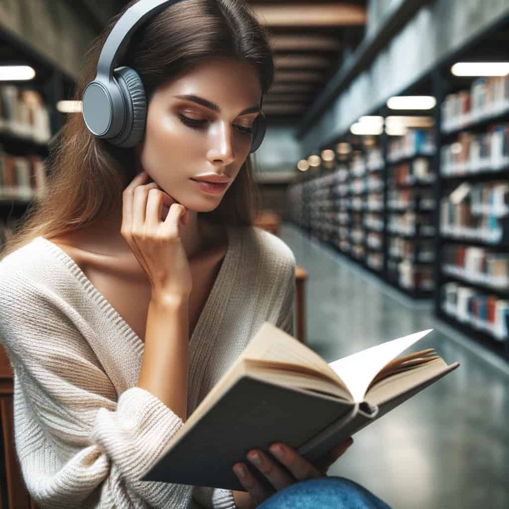 jak nosić słuchawki bluetooth - kobieta w bibliotece