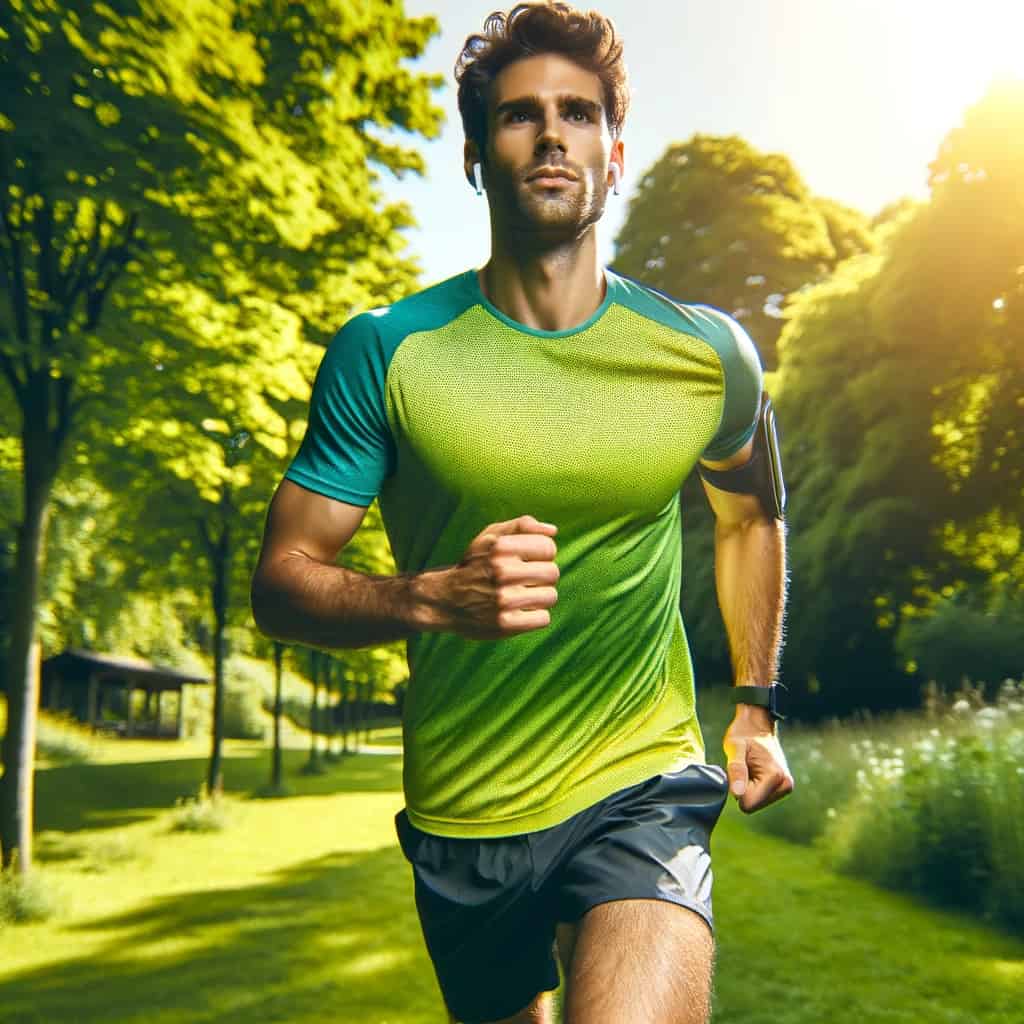 jak nosić słuchawki do biegania - mężczyzna uprawia jogging w parku w dobrze założonych sluchawkach