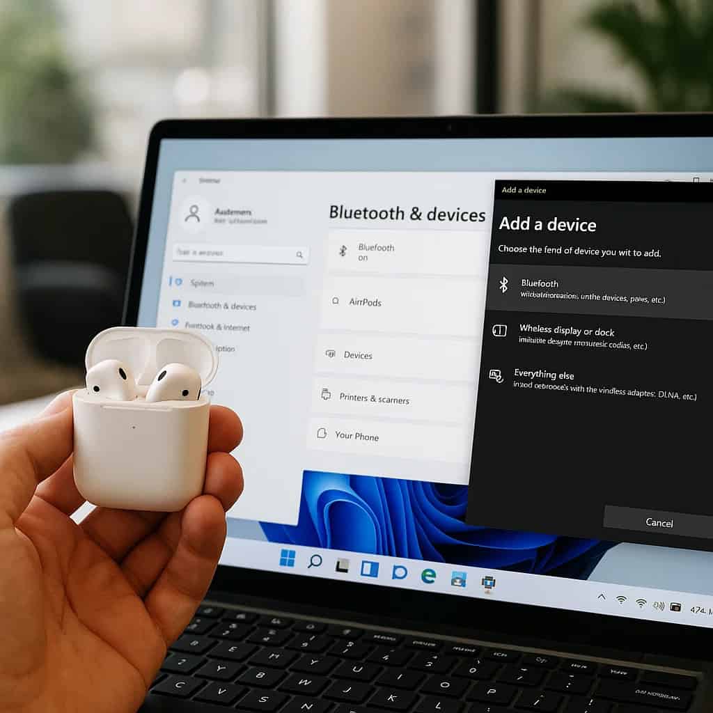 jak podłączyć airpods do laptopa - przykładowy model w ręce przed laptopem, na którym widać ekran konfiguracji Bluetooth