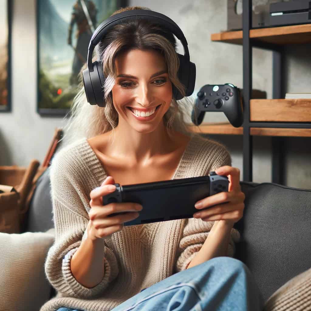 jak podłączyć słuchawki Bluetooth do nintendo switch - kobieta w słuchawkach nausznych gra w grę na konsoli
