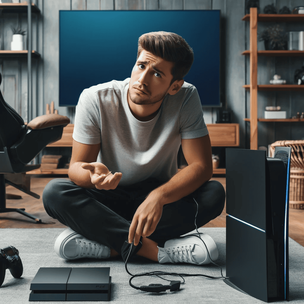 jak podłączyć słuchawki bezprzewodowe do konsoli playstation5 - sfrustrowany mężczyzna siedzący obok konsoli unosi ręce w rezygnacji