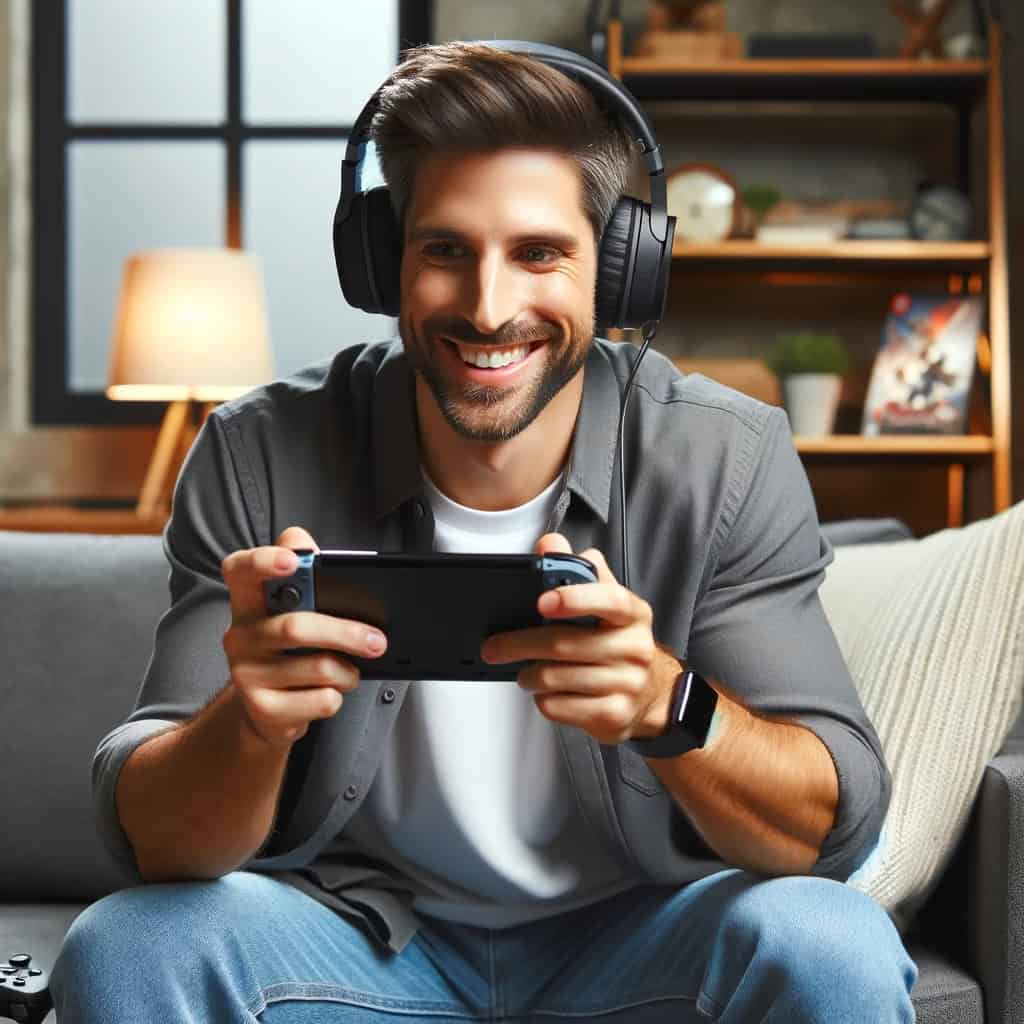 jak podłączyć słuchawki bezprzewodowe do nintendo - mężczyzna gra na switchu w przykładowym modelu