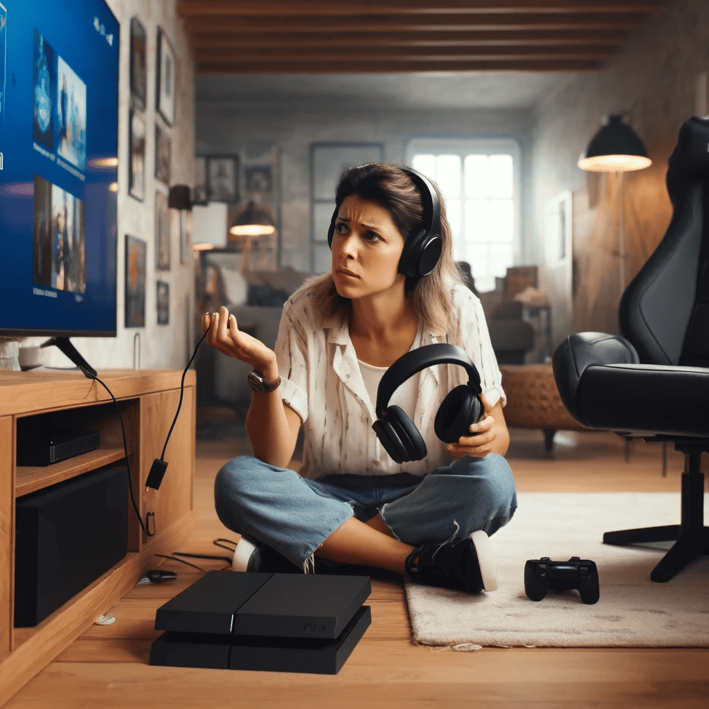 jak podłączyć słuchawki bluetooth do ps5 - zamyślona kobieta siedzi ze słuchawkami w ręku obok konsoli