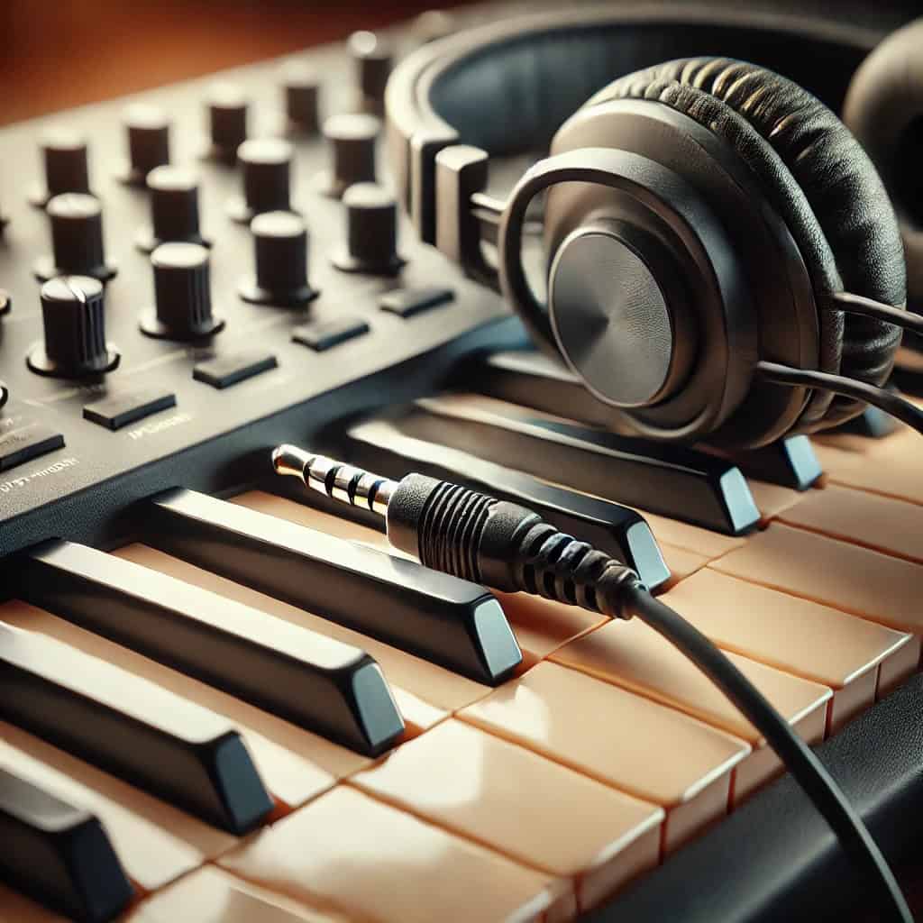 jak podłączyć słuchawki do keyboardu yamaha - przewodowy model nauszny leży na klawiszach