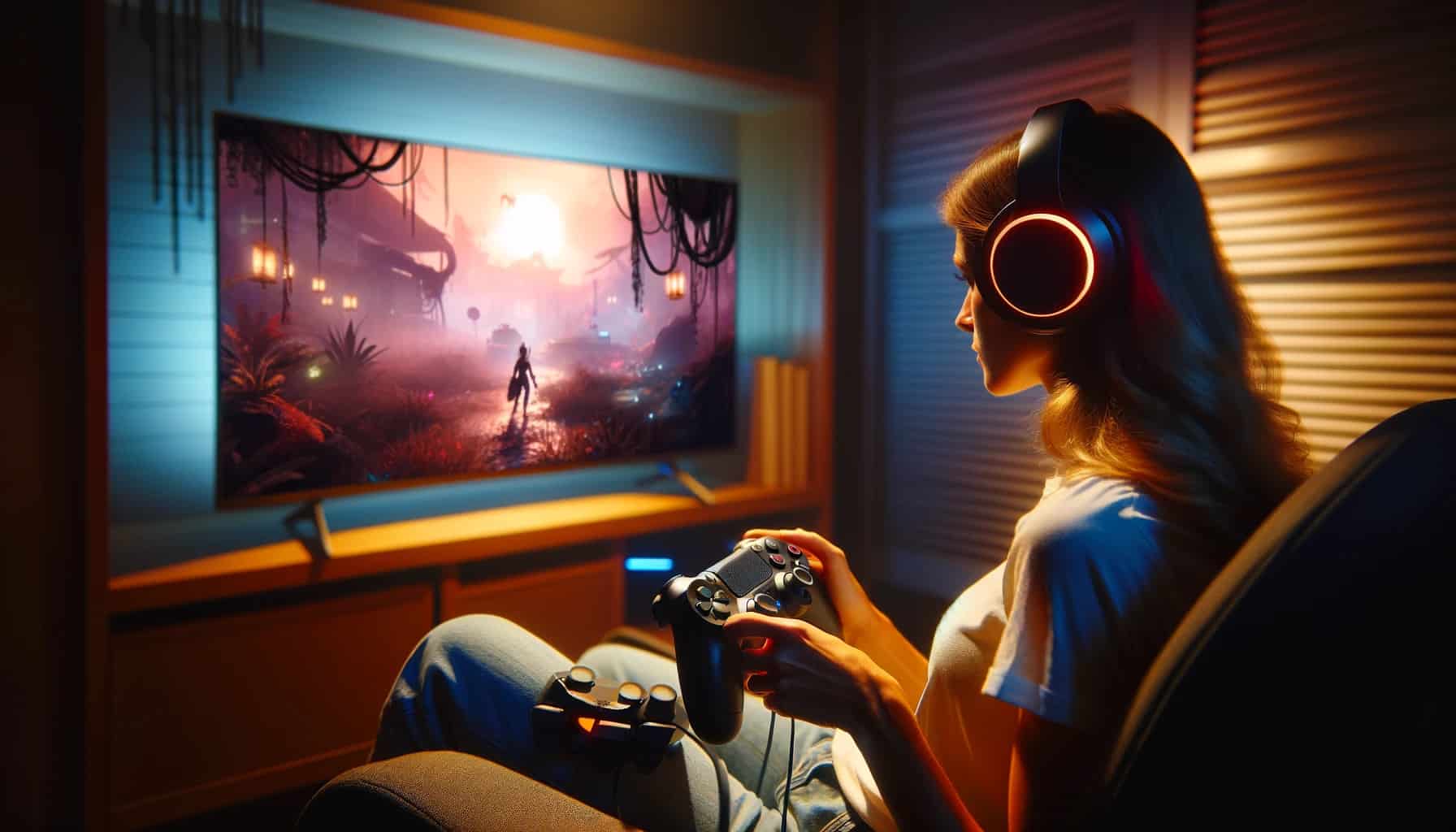 jak podłączyć słuchawki do pada ps4 - kobieta grająca na playstation 4
