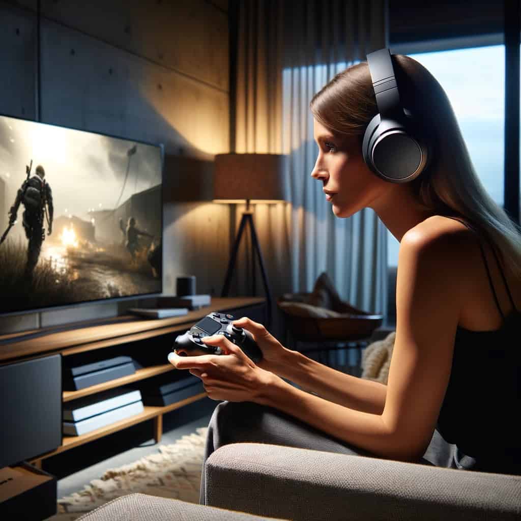 jak podłączyć słuchawki do ps4 - kobieta grająca na playstation