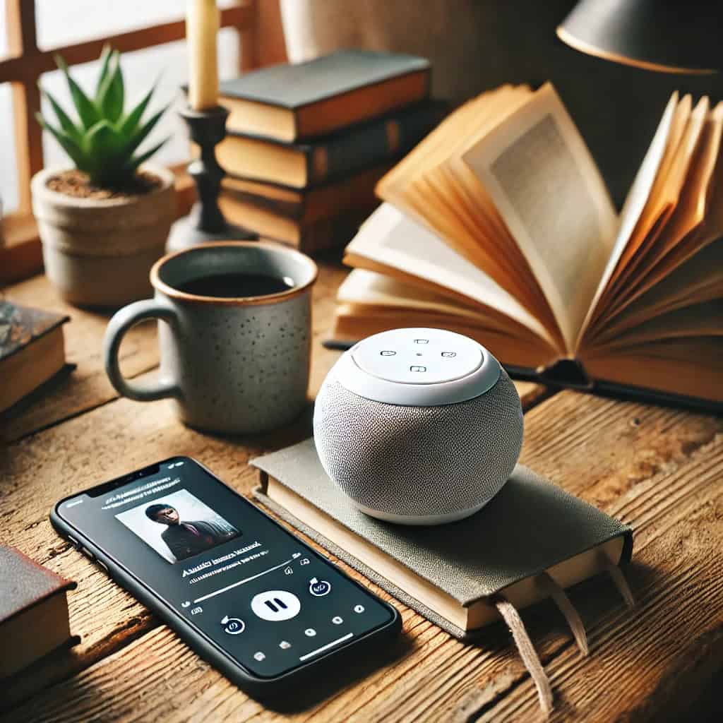 jak słuchać audiobooków w nietypowych sytuacjach - głośnik leży na stole obok telefonu