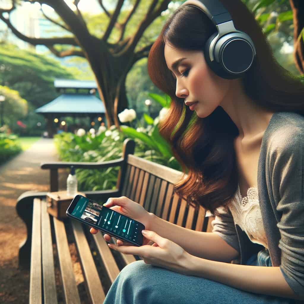 jak słuchać radia przez słuchawki Bluetooth - kobieta w modelu nausznym i smarphonem, na którym widać radio