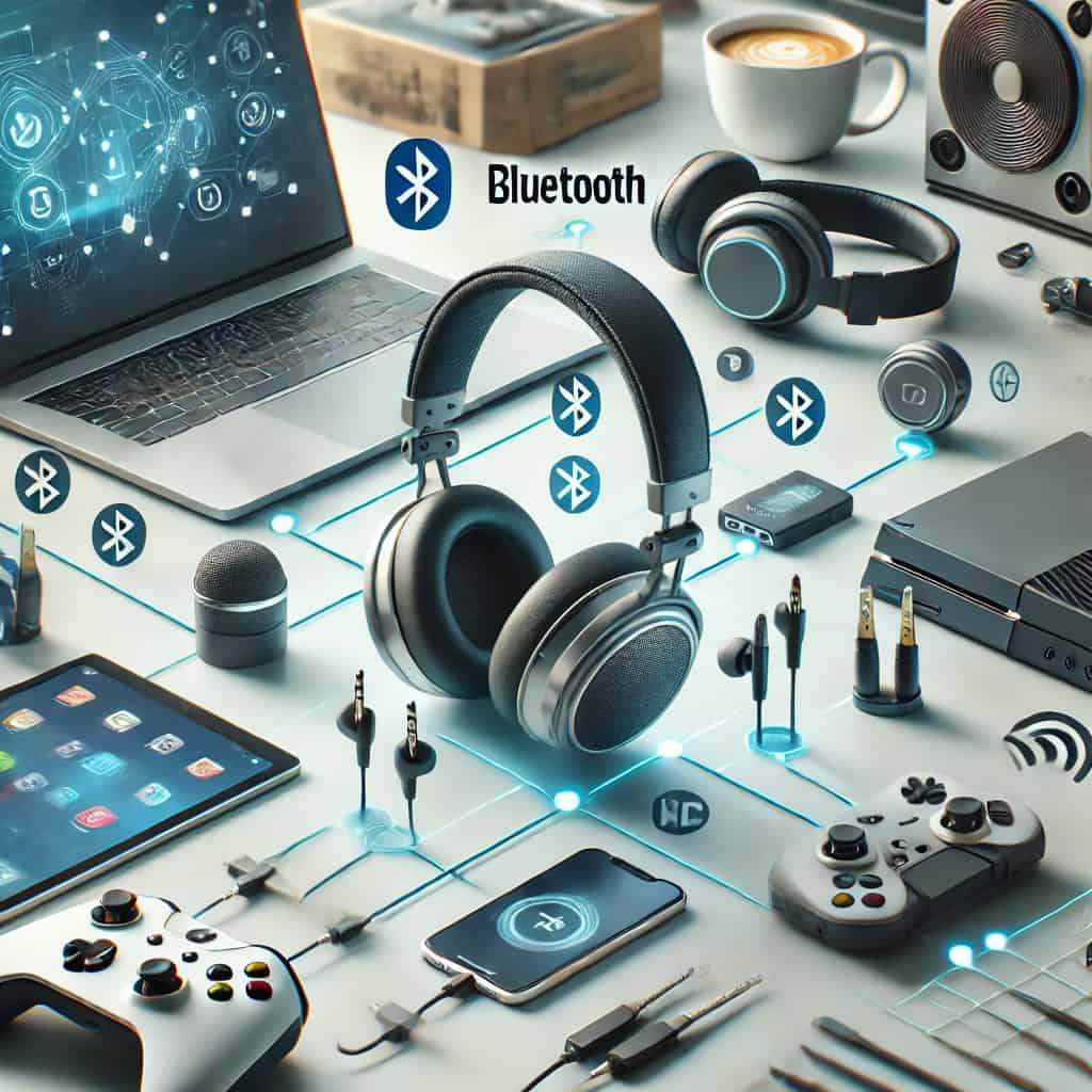 jak sparować słuchawki bluetooth - przykładowy model a dookoła niego różne urządzenia