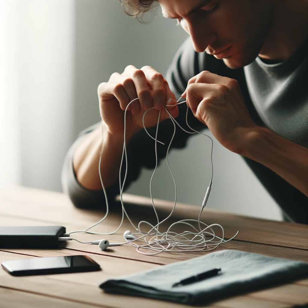 jak zwinąć słuchawki iphone - mężczyzny rozplątujący przewód słuchawek