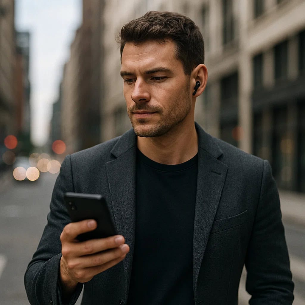 jakie mini słuchawki bezprzewodowe wybrać - mężczyzna rozmawiający przez telefon na tle miasta.