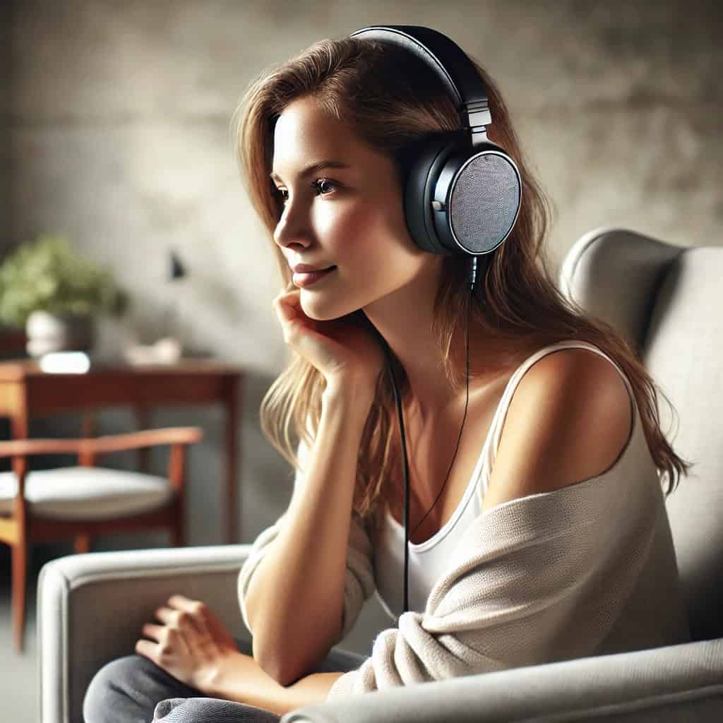 jakie słuchawki audiofilskie - przykładowy model na uszach kobiety słuchającej muzyki w fotelu