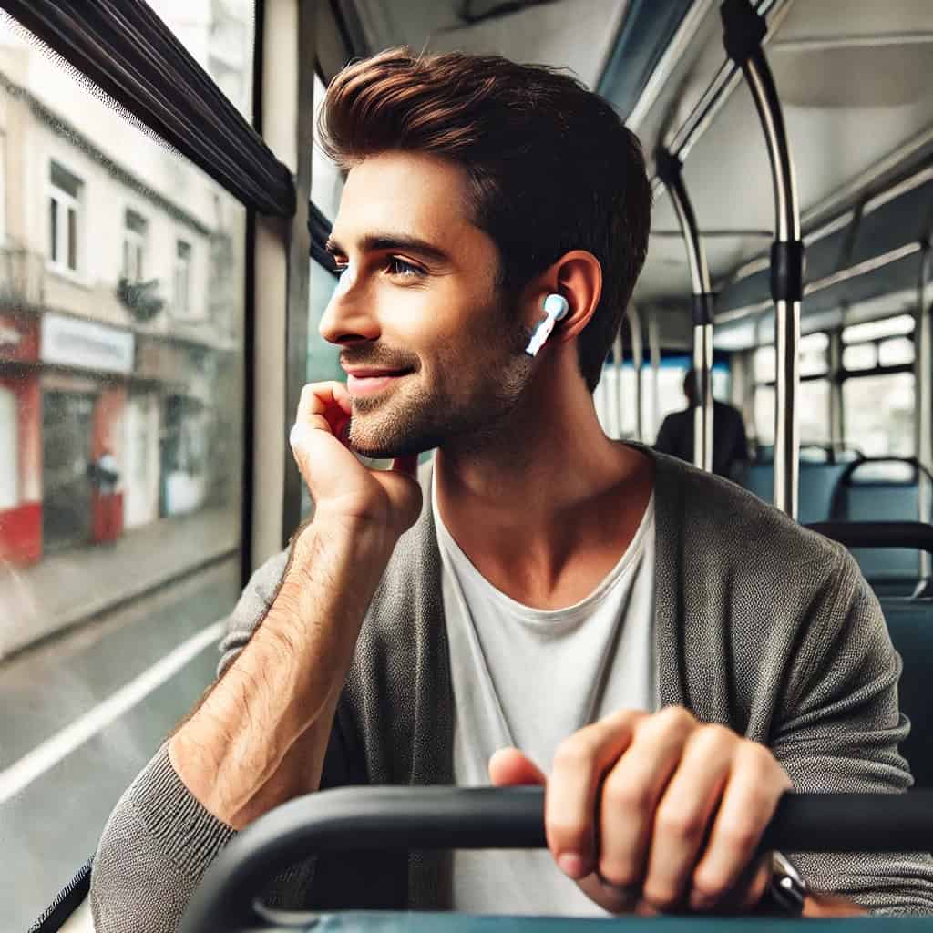 jakie sluchawki bezprzewodowe do 200 zł - przykładowy model na głowie mężczyzny jadącego autobusem