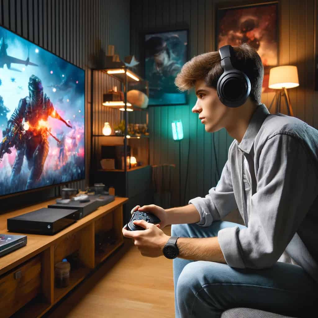 jakie słuchawki bezprzewodowe do xbox one - przykładowy model na głowie mężczyzny z padem w ręku grającego na konsoli
