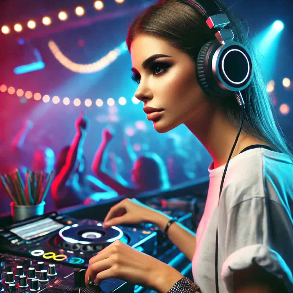 jakie słuchawki dla dj-a - przykładowy model na głowie kobiety miksującej w klubie