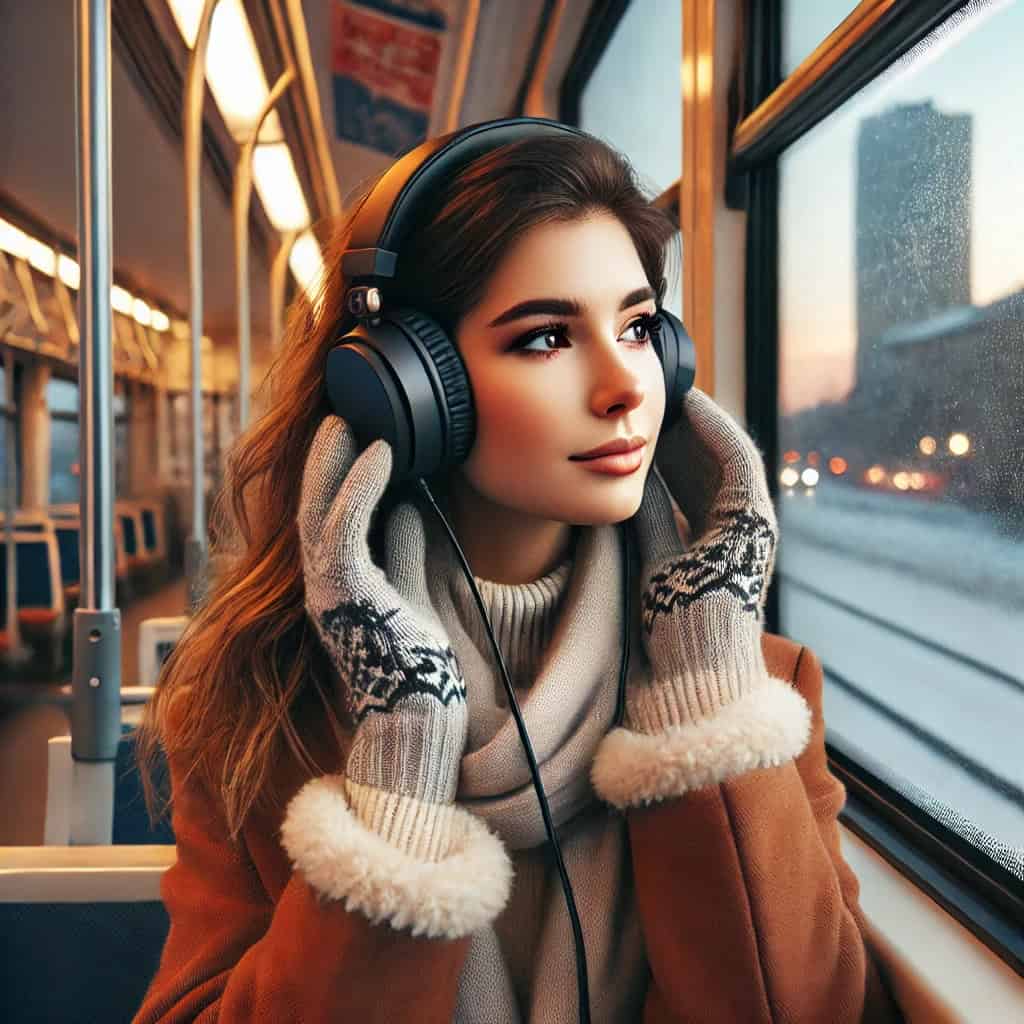 jakie słuchawki do 300 zł - przykładowy model na uszach kobiety jadącej tramwajem