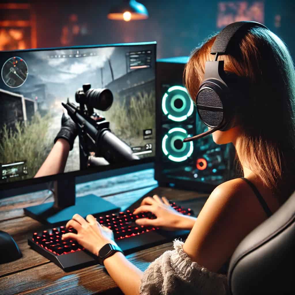 jakie słuchawki do fps - przykładowy model na głowie graczki