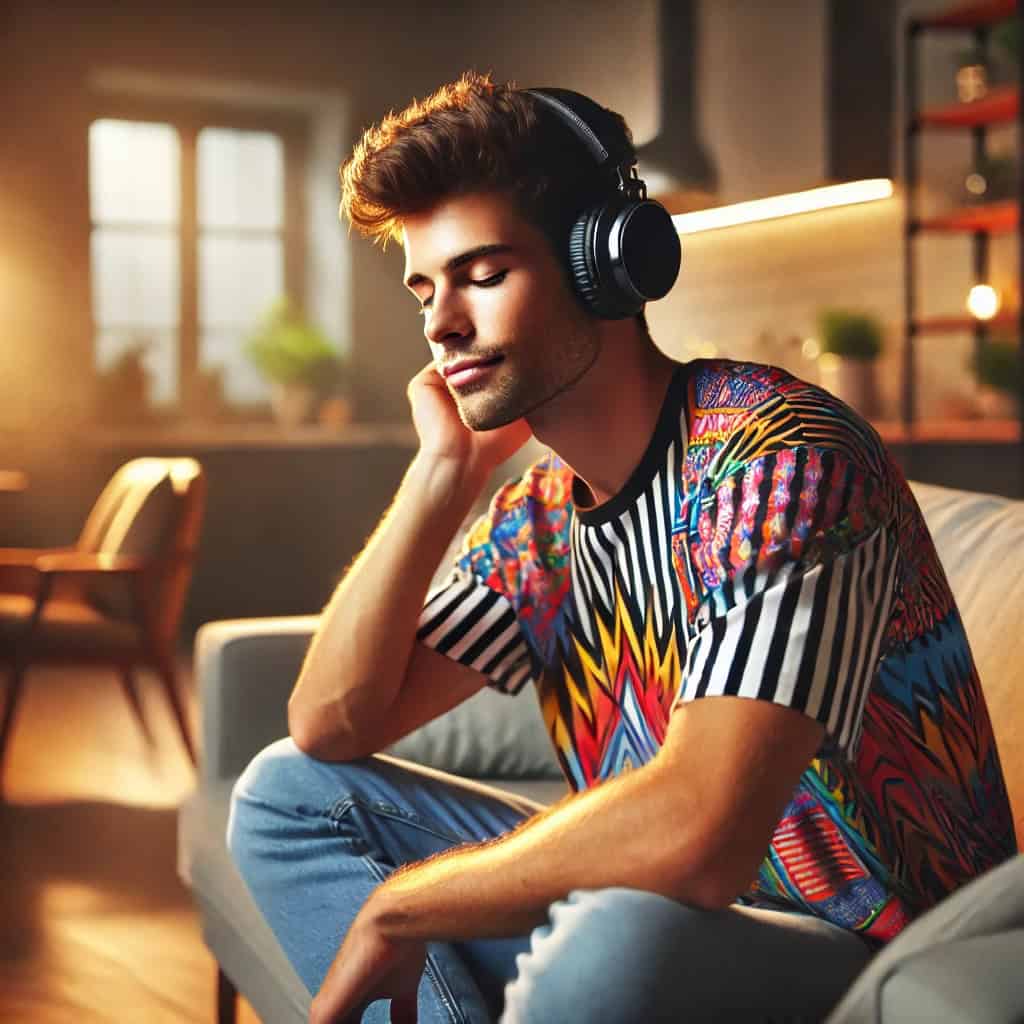 jakie słuchawki do muzyki elektronicznej i techno - przykładowy model na uszach mężczyzny pogrążonego w muzyce