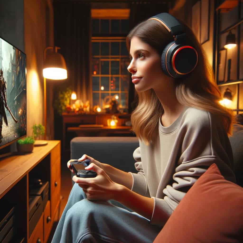 jakie słuchawki do nintendo switch - przykładowy model na głowie kobiety z padem grającej w grę