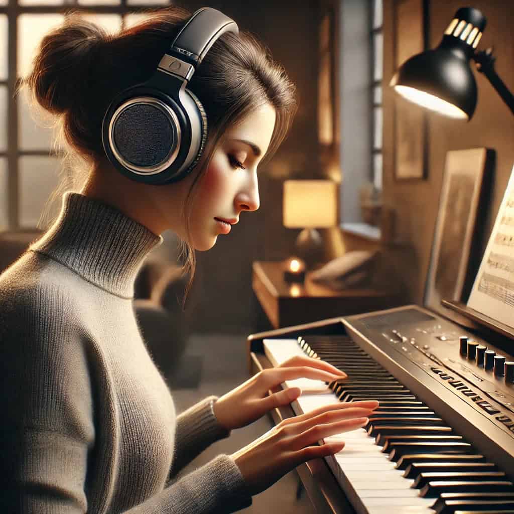 jakie słuchawki do pianina - przykładowy model na głowie pianistki podczas gry