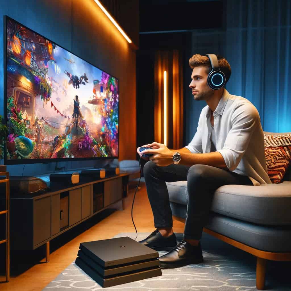 jakie słuchawki do ps4 - przykładowy model gamingowy na uszach mężczyzny z padem