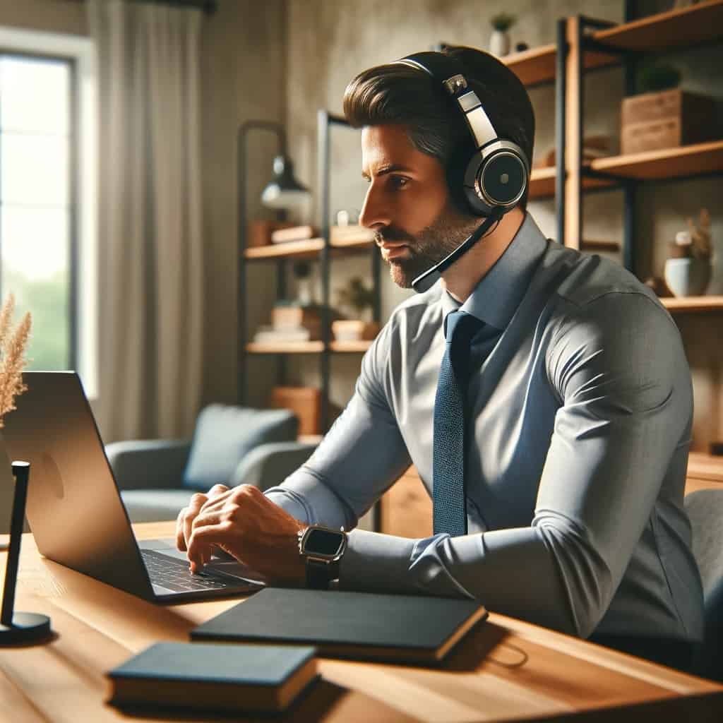jakie słuchawki do skype - mężczyzna siedzący przez laptopem