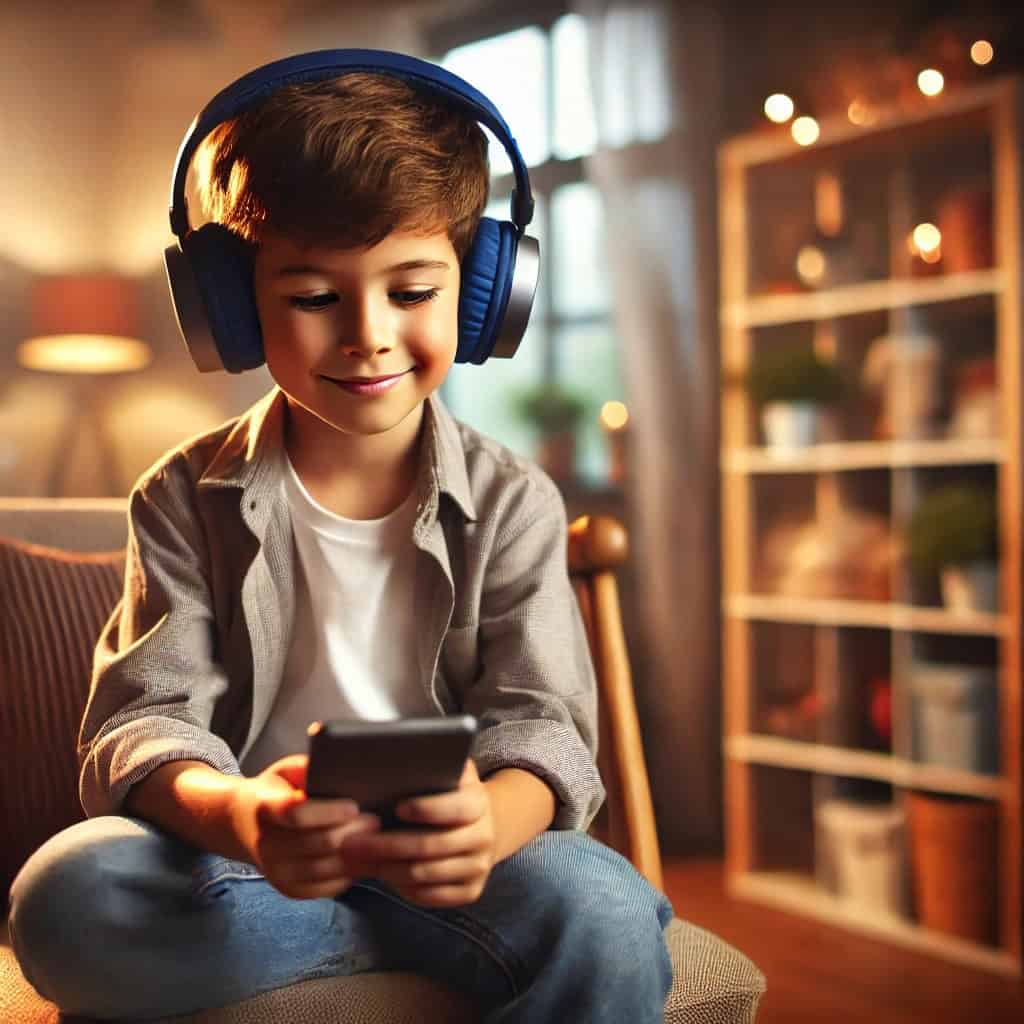 jakie słuchawki do słuchania muzyki dla dzieci - przykładowy model na głowie chłopca z telefonem
