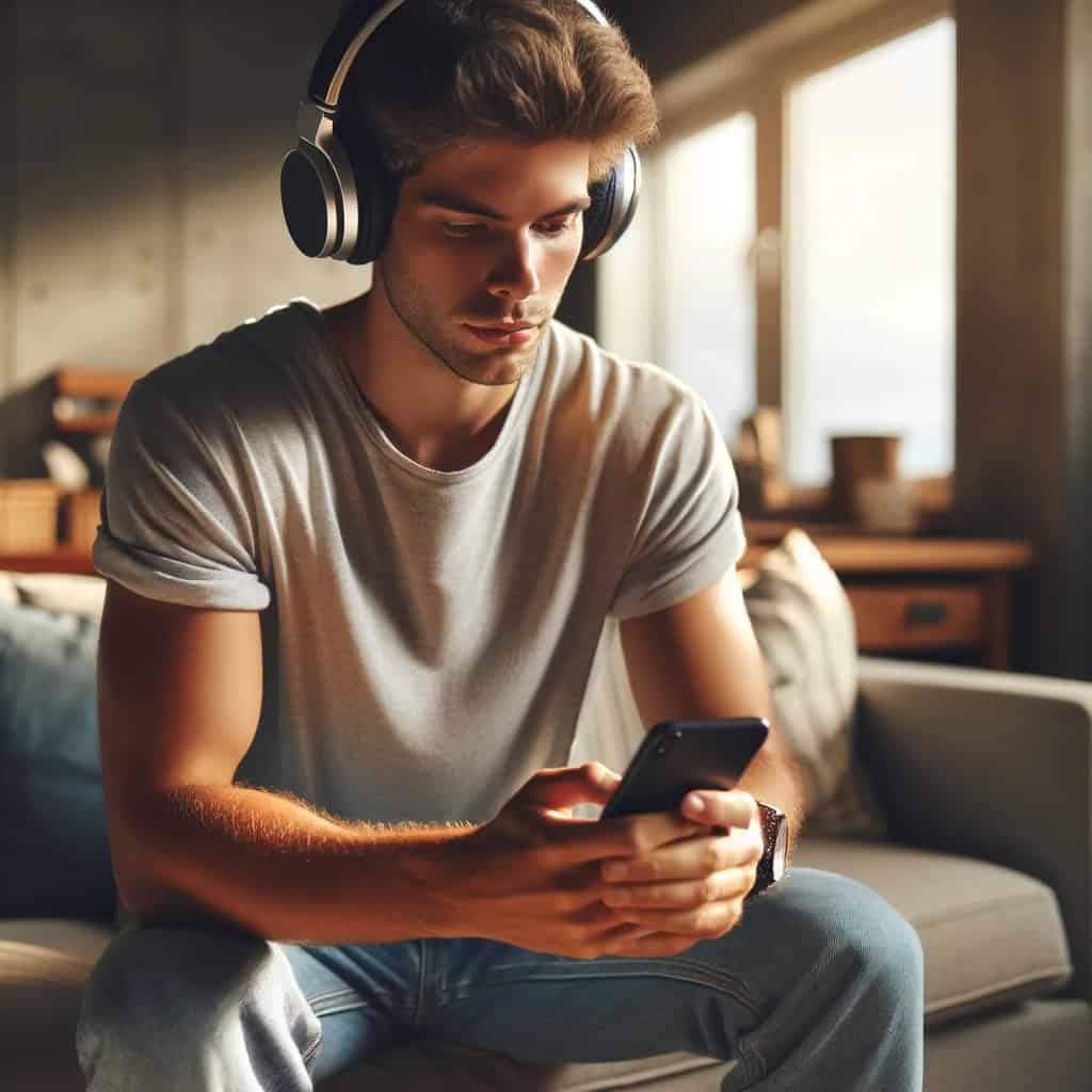 jakie słuchawki do smartfona - przykładowy model na uszach mężczyzny siedzącego na sofie z telefoonem