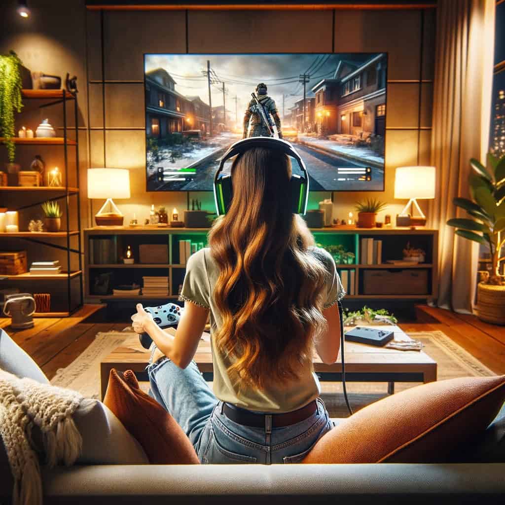 jakie słuchawki do xbox one - kobieta skupiona na grze na konsoli w przykładowym modelu nausznym