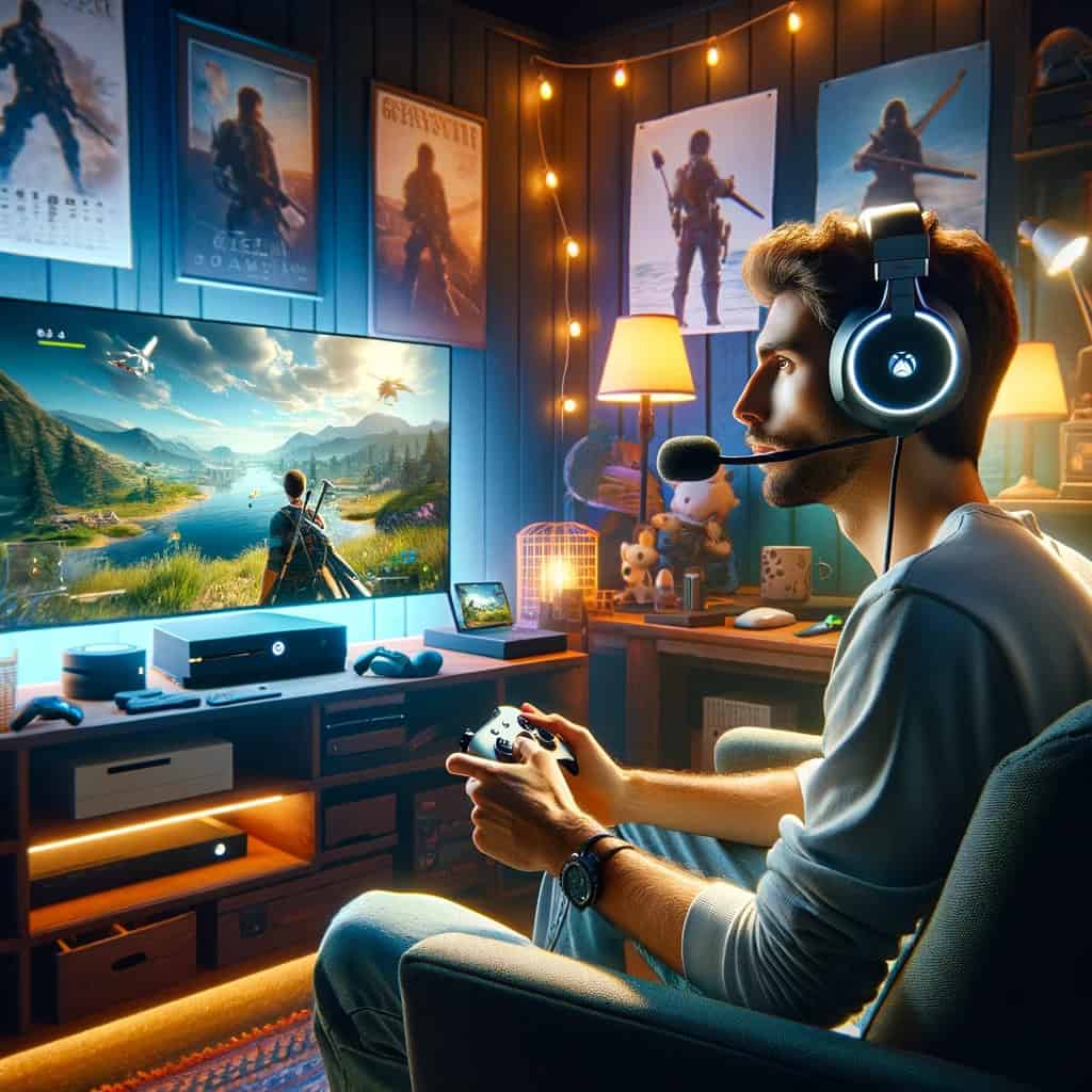 jakie słuchawki do xbox series x przykładowy model z mikrofonem na uszach mężczyzny grającego w grę na konsoli