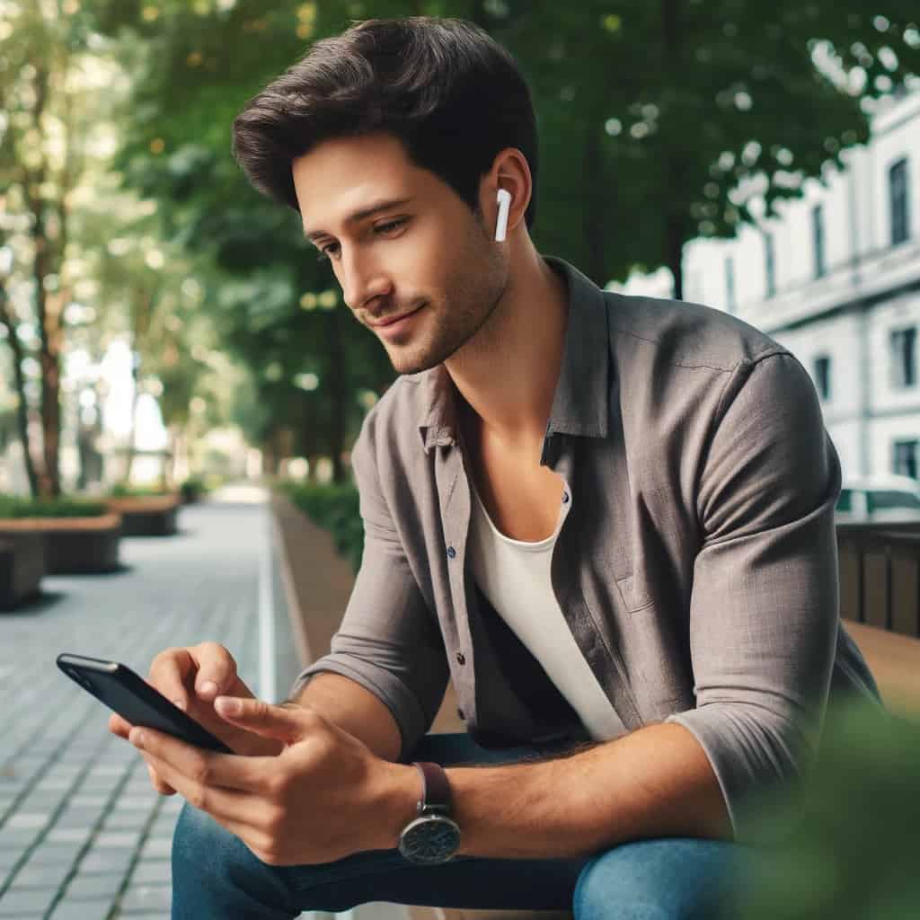 jakie słuchawki dokanałowe do 500 zł - przykładowy model mężczyzny używającego smartphone