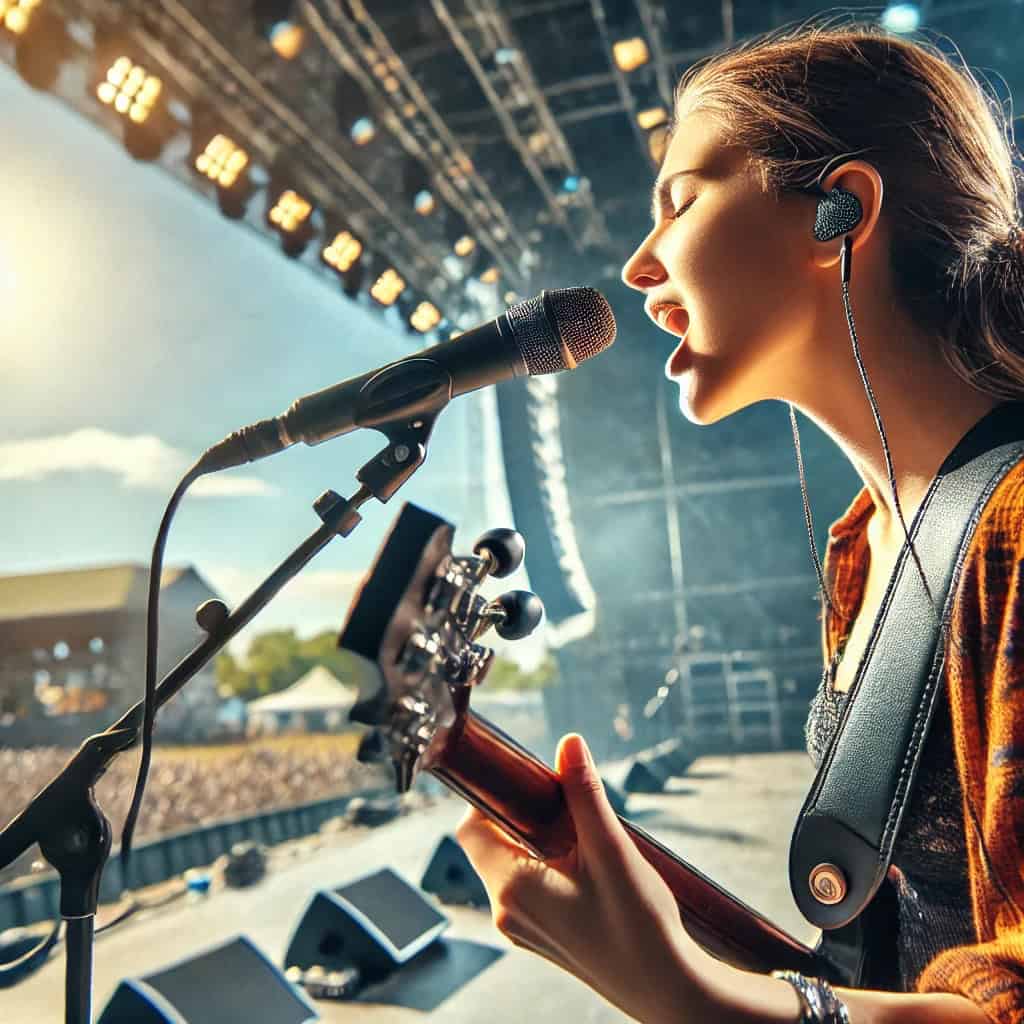 jakie słuchawki odsłuchowe sceniczne - przykładowy model w uszach kobiety, która śpiewa z gitarą podczas koncertu