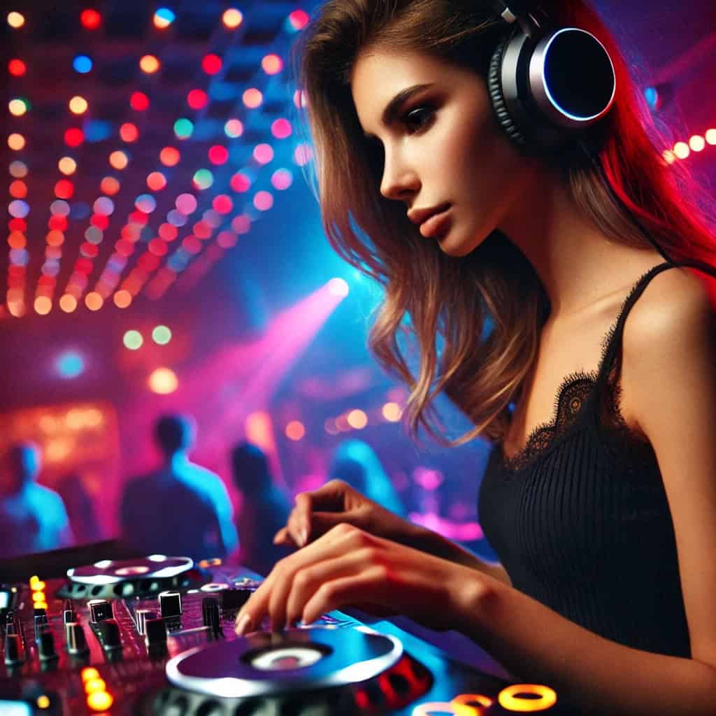 jakie słuchawki powinien wybrać DJ - kobieta pracuje przy konsoli podczas dyskoteki