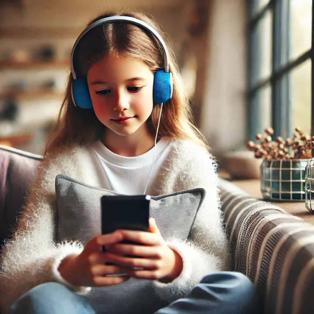 jakie słuchawki przewodowe dla dzieci - przykładowy niebieski model na uszach dziewczynki trzymającej w ręku telefon