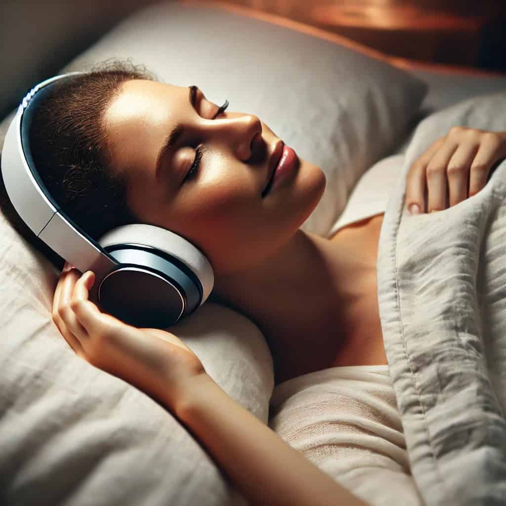 muzyka do zasypiania dla dorosłych - kobieta leży w łóżku w słuchawkach