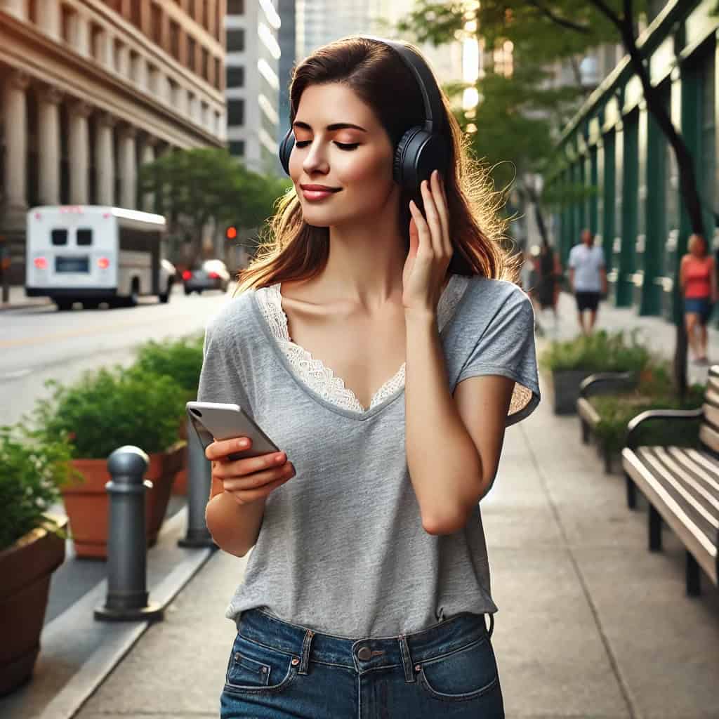 muzyka przez telefon typu iphone w ręku kobiety spacerującej ulicą w modelu nausznym