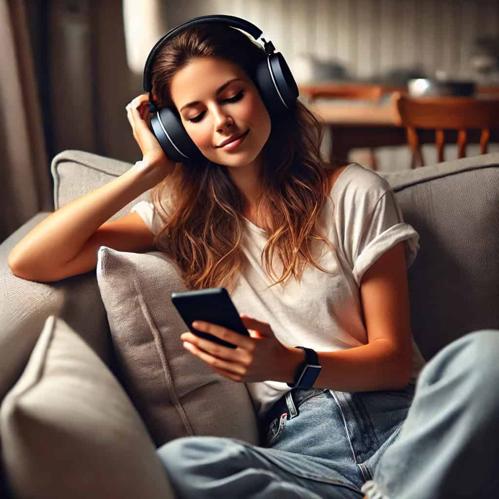 muzyka przez telefon typu smartphone w rękach kobiety słuchającej muzyki na sofie