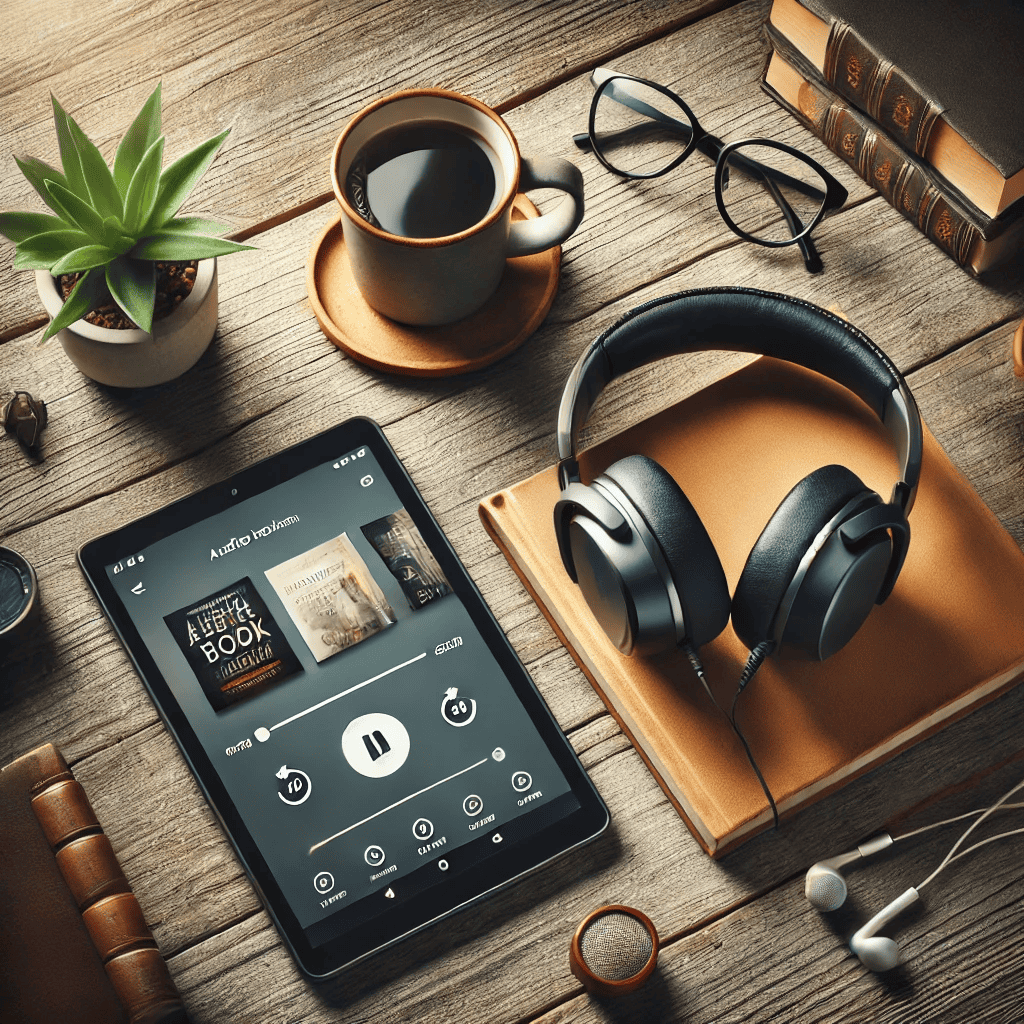 na czym można słuchać audiobooków - tablet i słuchawki nauszne i douszne leżą na biurku