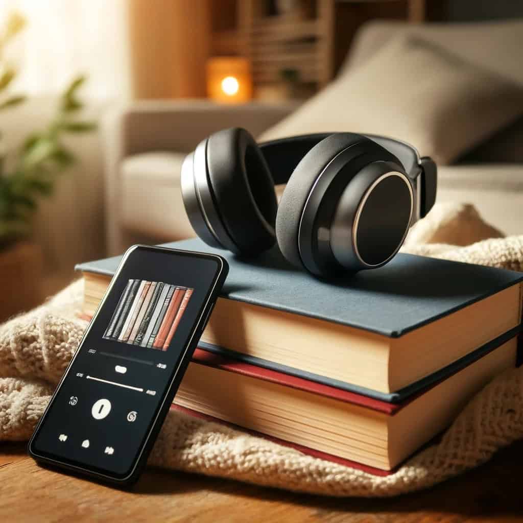 na czym najlepiej słuchać audiobooków - telefon leży oparty o książki, na których leżą słuchawki