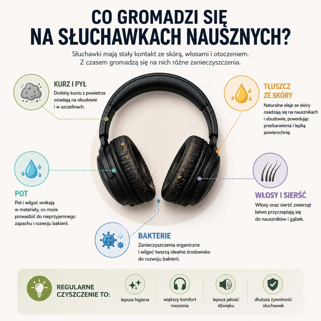 Najczęstsze zabrudzenia słuchawek nausznych: kurz, pot, tłuszcz ze skóry, włosy, sierść i bakterie