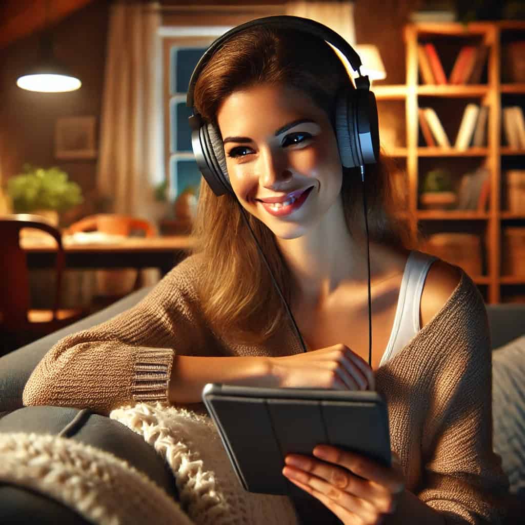 najlepsze słuchawki do audiobooków - uśmiechnięta kobieta siedzi na sofie z tabletem