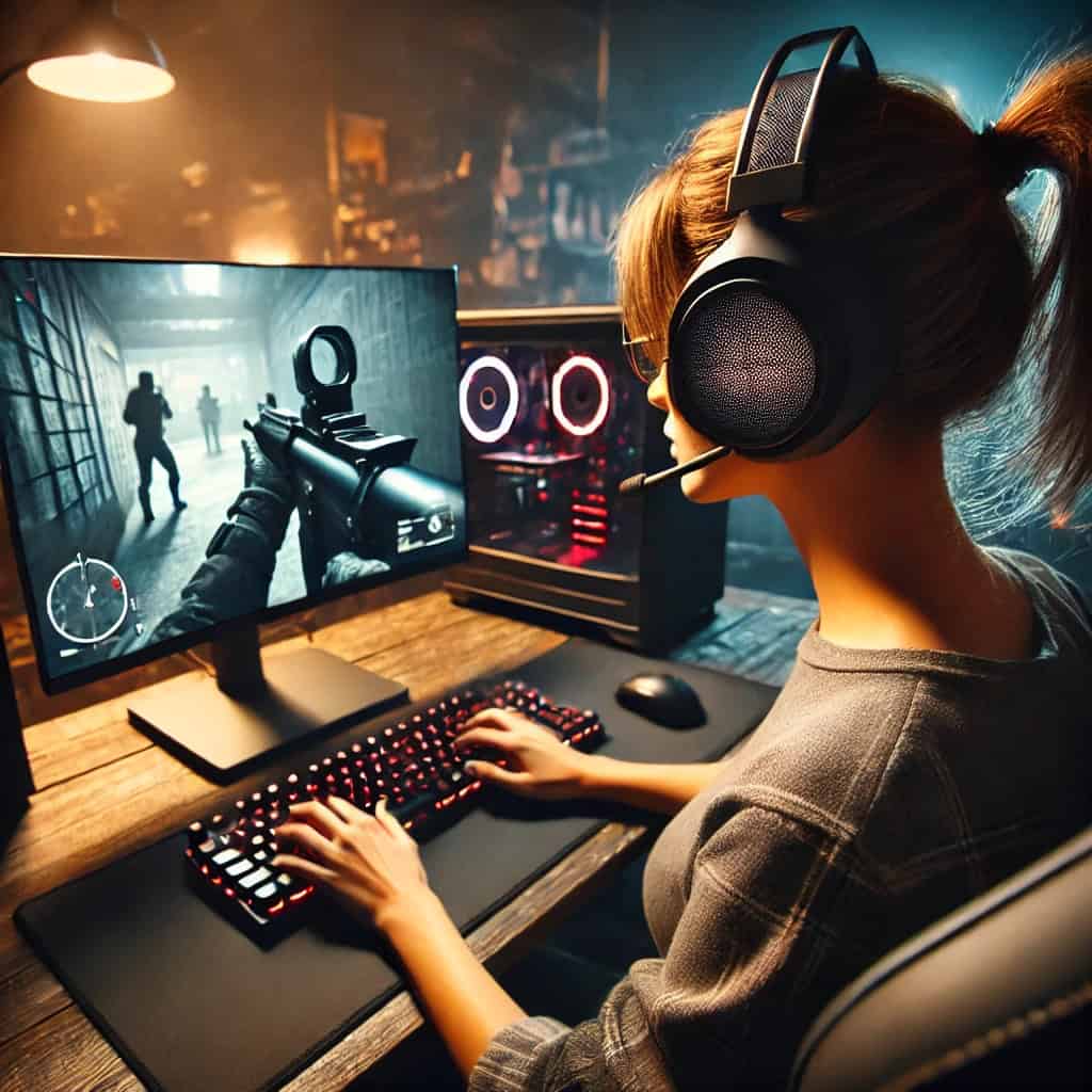 najlepsze słuchawki do fps na głowie kobiety grającej na komputerze w grę