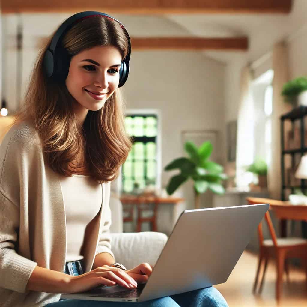 najlepsze słuchawki do laptopa na uszach kobiety siedzącej na sofie z laptopem na kolanach