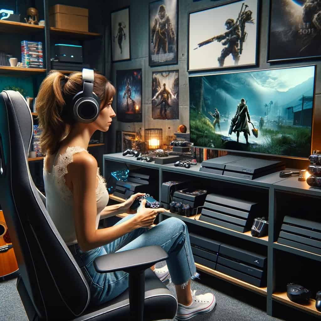 najlepsze słuchawki do playstation - przykładowy model na głowie kobiety przed konsolą
