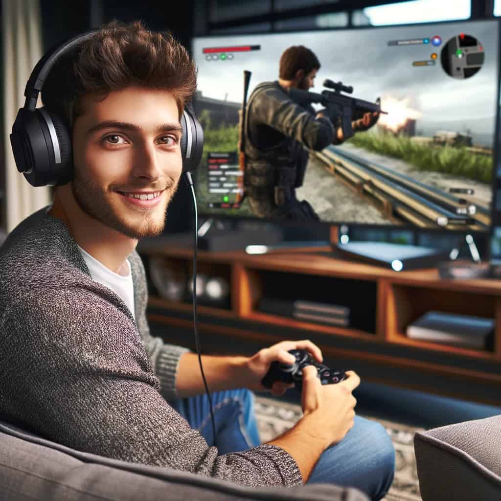 najlepsze słuchawki do ps3 - przykładowy model na głowie uśmiechniętego mężczyzny
