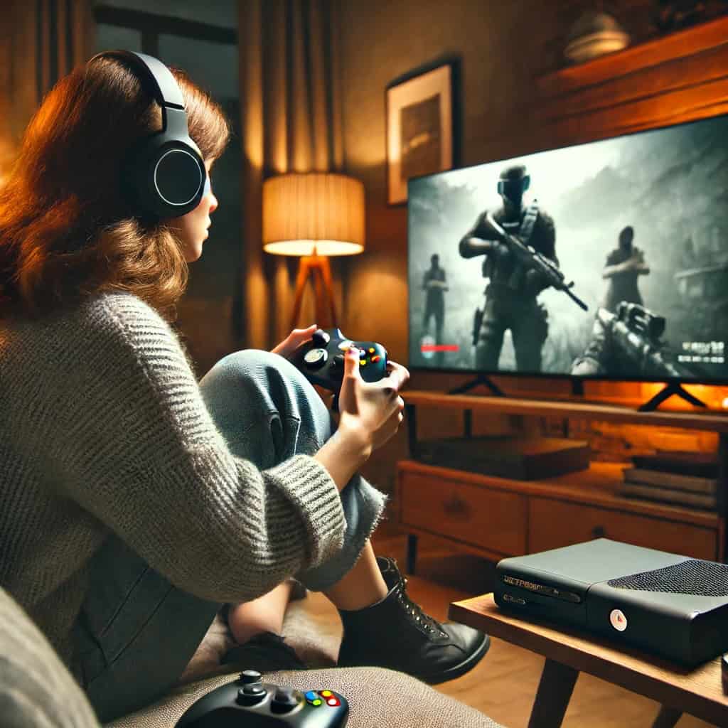 najlepsze słuchawki do xbox 360 na głowie kobiety grającej na konsoli
