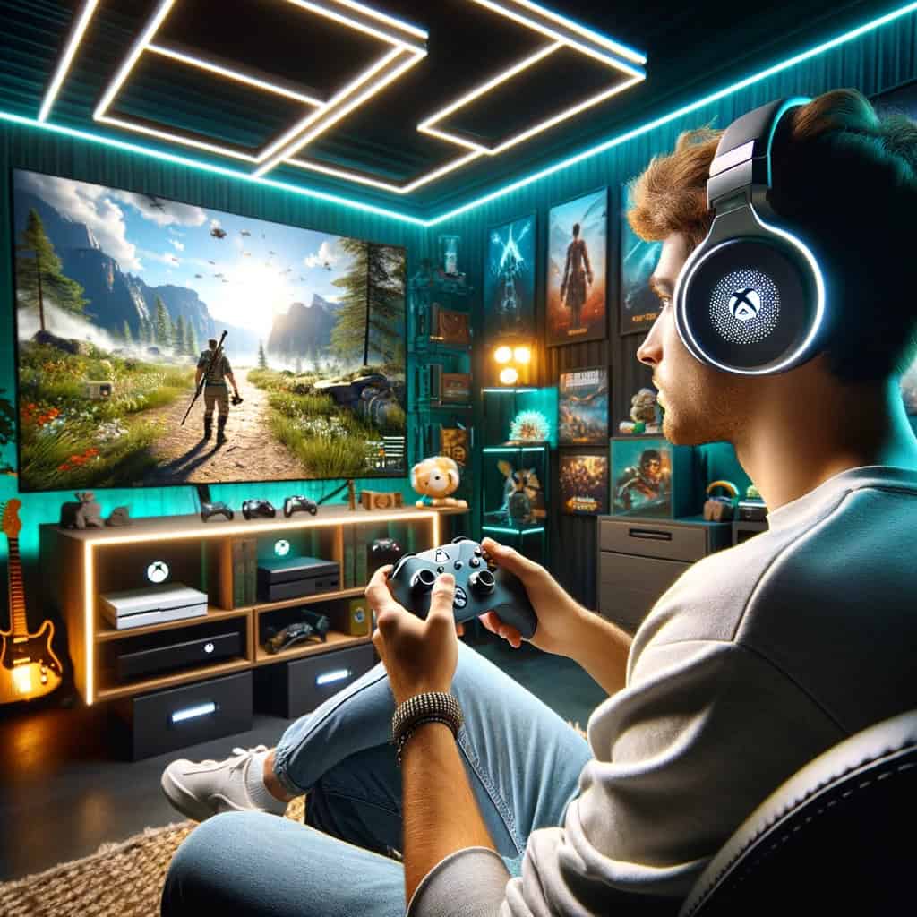 najlepsze słuchawki do xbox series x i s na uszach mężczyzny grającego na konsoli