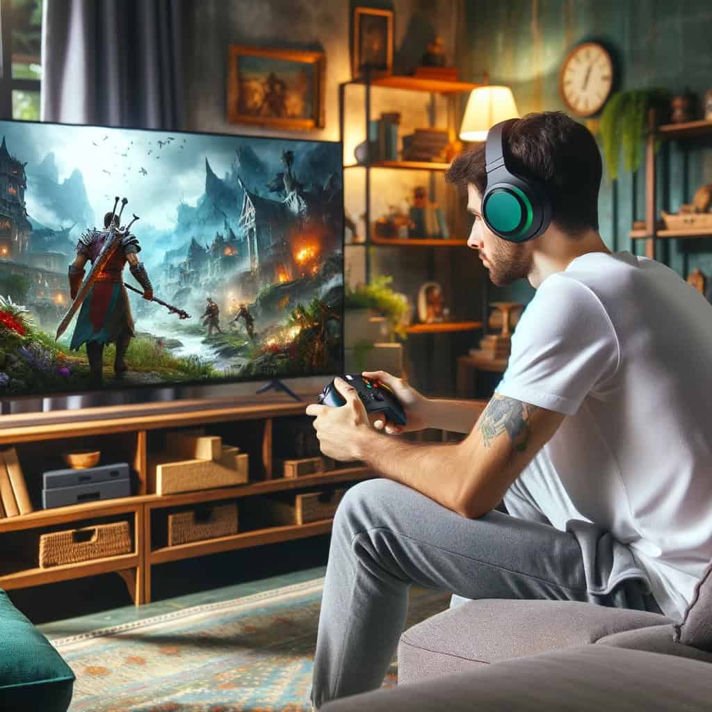 najlepsze słuchawki do xbox na głowie mężczyzny grającego na konsoli