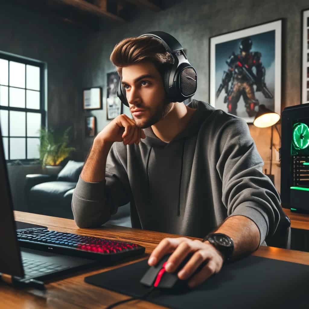 najlepsze słuchawki gamingowe do laptopa i komputera - przykładowy model na głowie mężczyzny grającego na PC